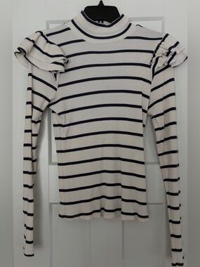 T.La Cream and Navy Stripe Ruffle Shoulder Long Sleeve Top